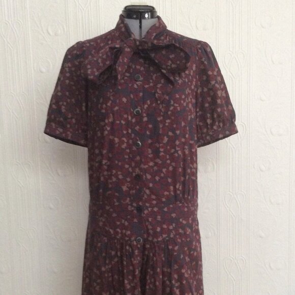 Vintage marc jacobs pussybow drop waist printed cotton burgundy dress - Picture 1 of 4